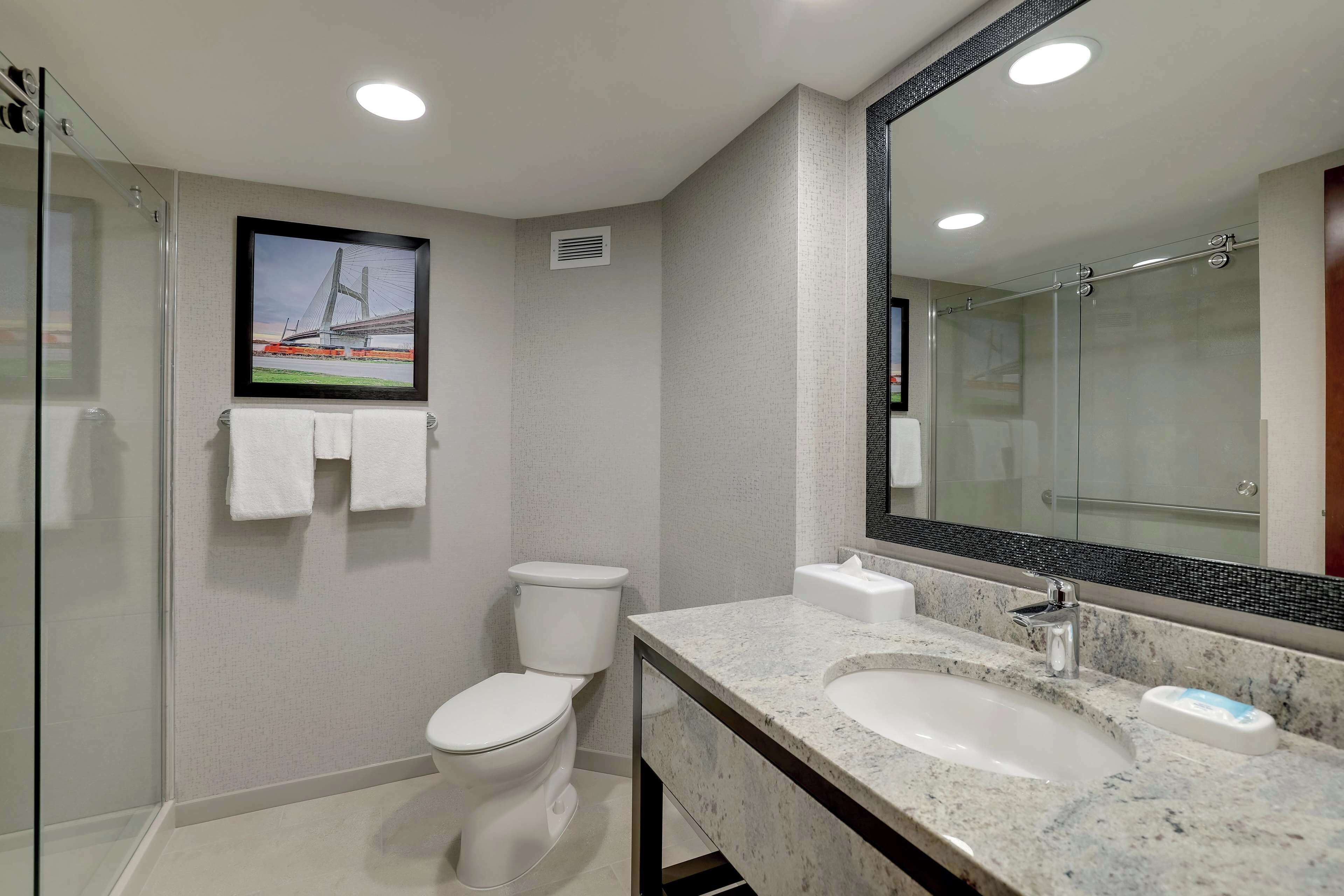 combined shower/bathtub, free toiletries, hair dryer, towels