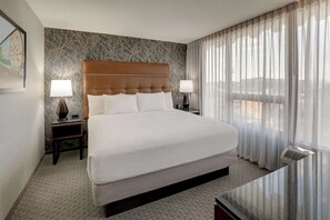 Desk, laptop workspace, blackout curtains, iron/ironing board