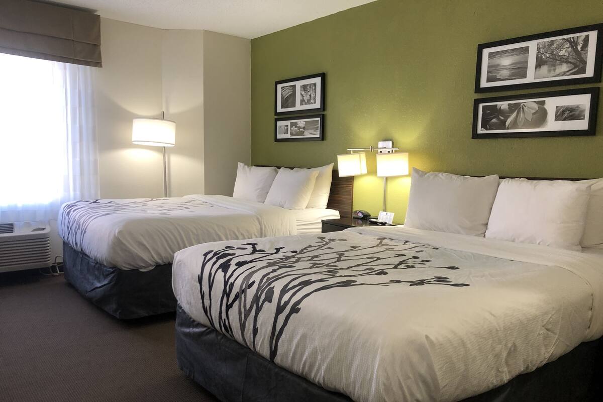 Quarto de hotel com duas camas, mesa de cabeceira, abajur e quadros nas paredes.