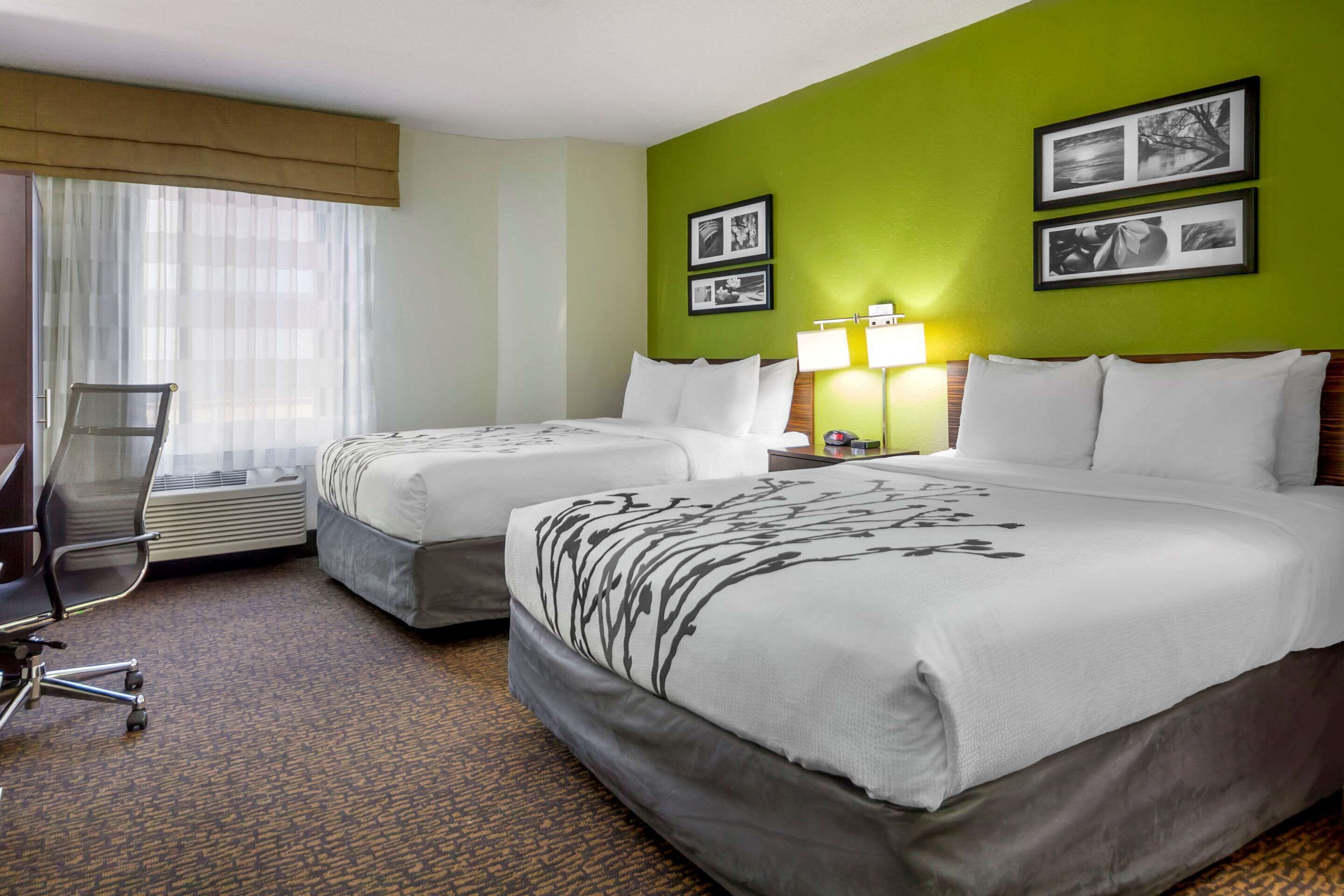 Une chambre d’hôtel avec deux lits, un bureau, une chaise et une fenêtre avec des rideaux légers.