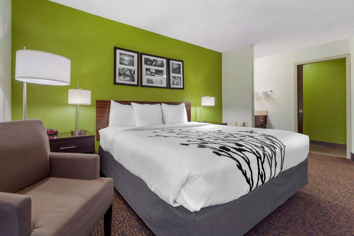 Quarto de hotel com uma cama grande, duas luminárias de cabeceira, uma cadeira, mesa de cabeceira e três quadros na parede.