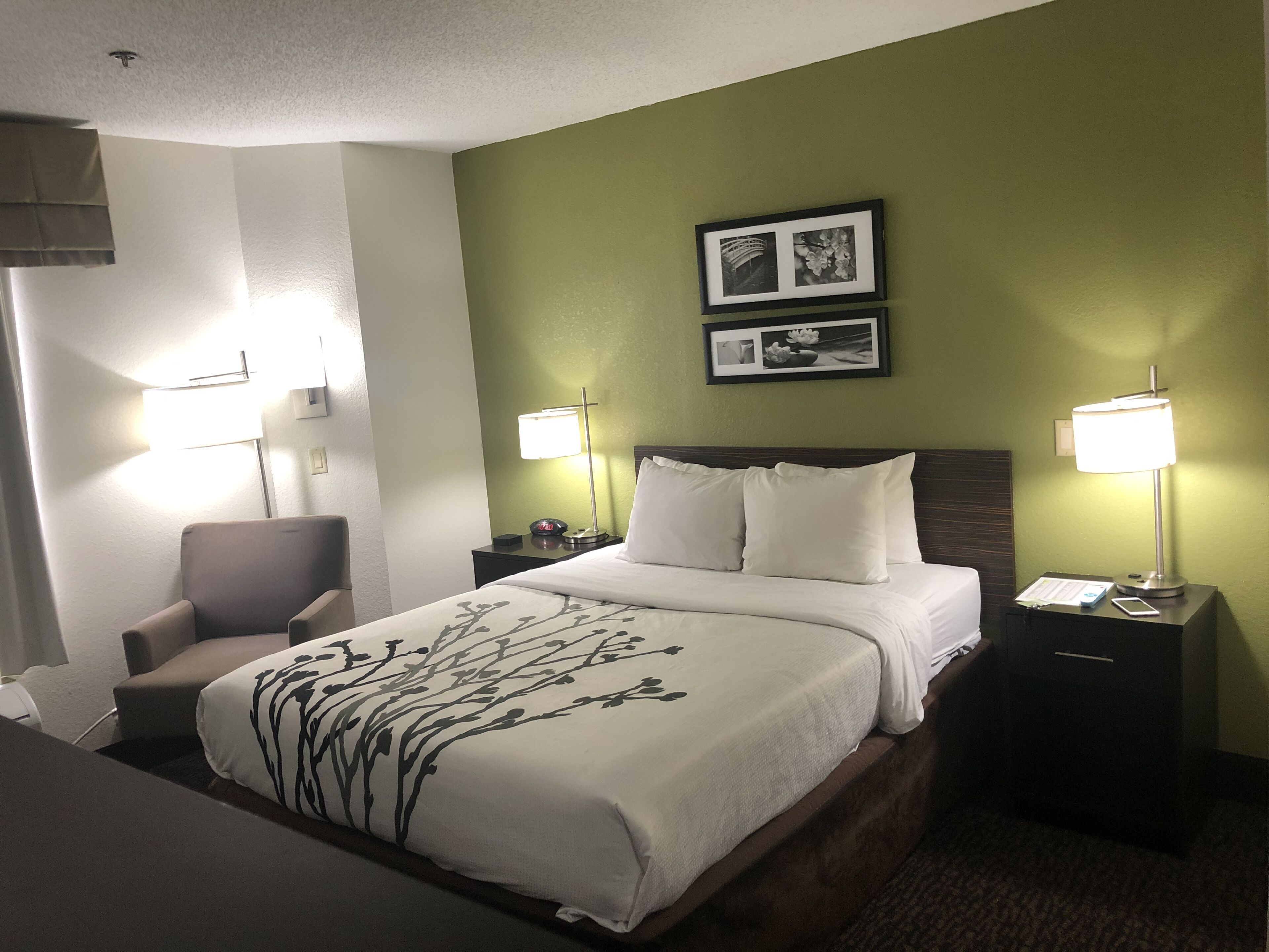 Habitación de hotel con cama, dos lámparas de noche, una silla, mesita de noche y dos cuadros en la pared.