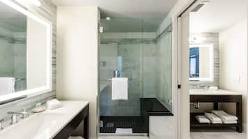 Shower, rainfall showerhead, designer toiletries, hair dryer