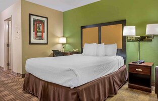 Una habitación de hotel con una cama grande, una mesita de noche con una lámpara, un cuadro en la pared y una pared decorada en color verde.