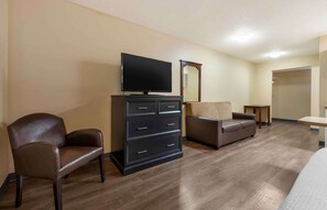 1 bedroom, desk, laptop workspace, iron/ironing board