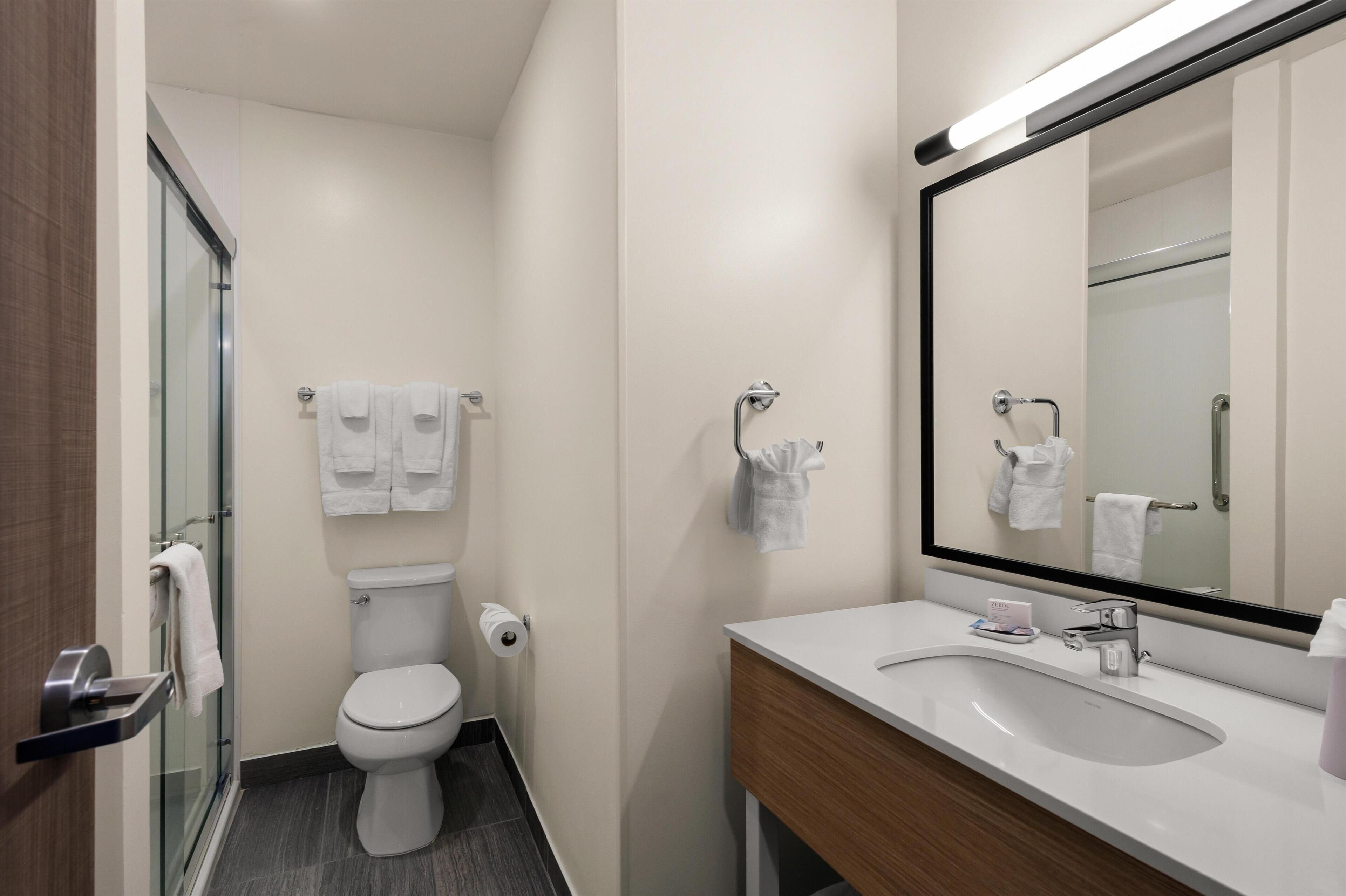 A modern bathroom with a toilet, sink, and mirror.
