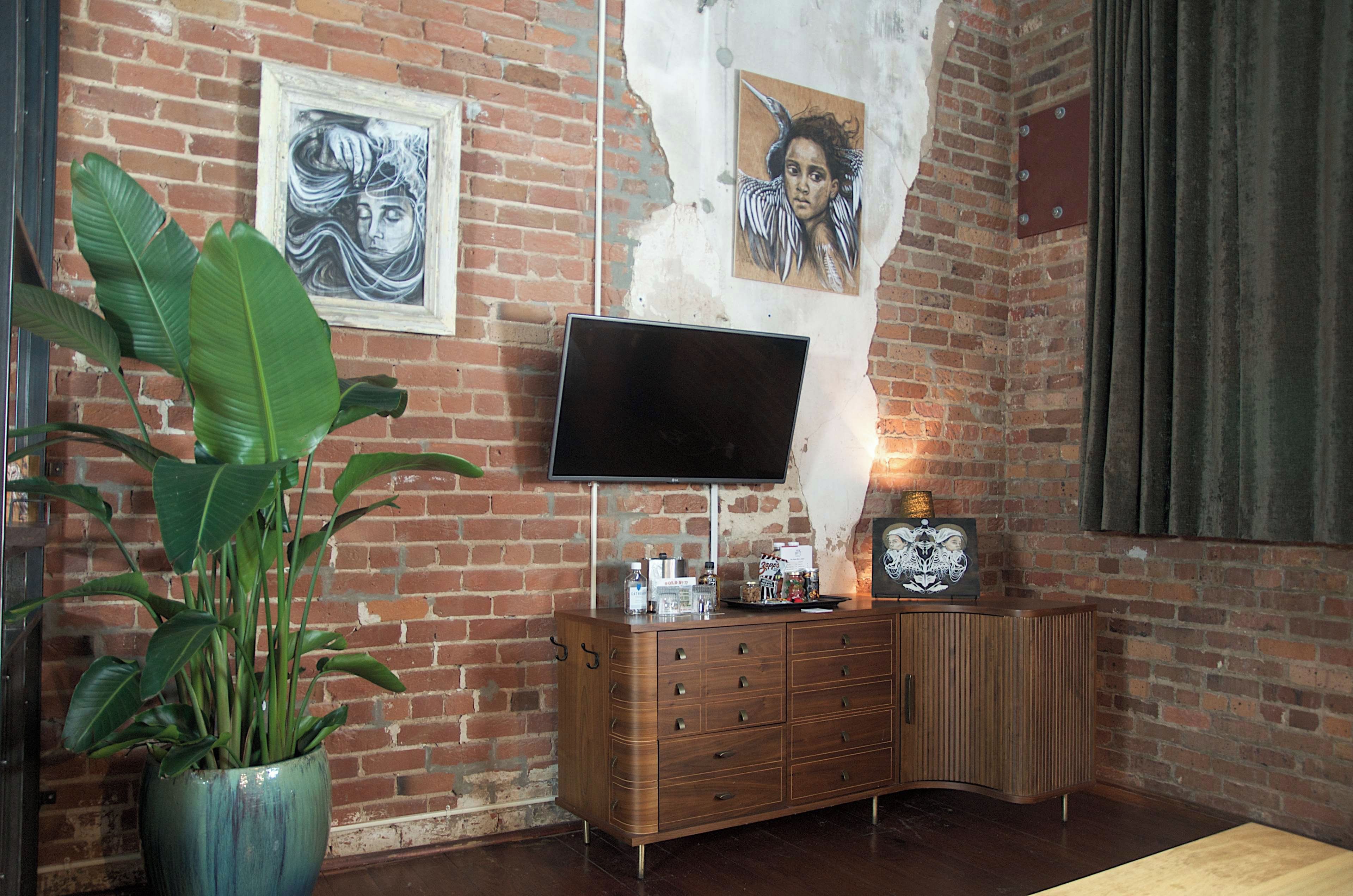 A room with a brick wall, a flat-screen TV mounted on it, a wooden cabinet with drawers, and a large potted plant.