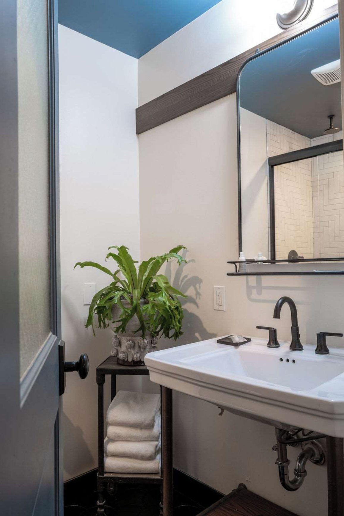 A bathroom with a white sink, a mirror, a towel rack, and a potted plant.