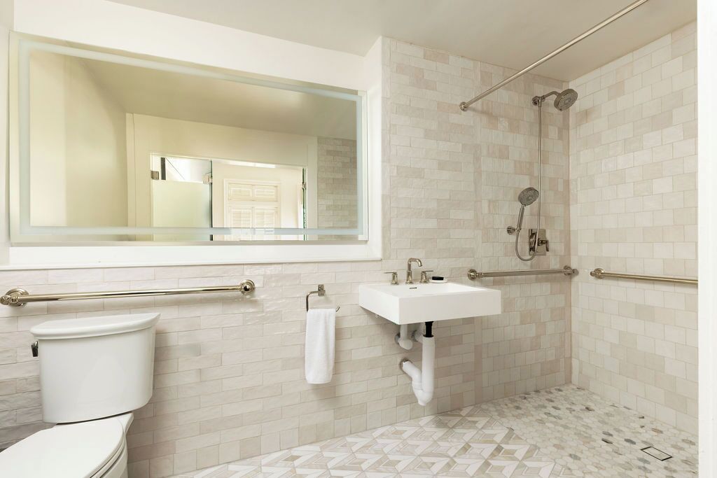 standard room, 1 king bed, roll-in shower | bathroom | shower, designer toiletries, hair dryer, towels