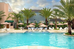 Outdoor pool, open 11:00 AM to 9:00 PM, pool umbrellas, pool loungers