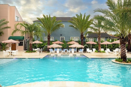 Outdoor pool, open 11:00 AM to 9:00 PM, pool umbrellas, sun loungers