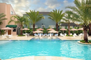 Outdoor pool, open 11:00 AM to 9:00 PM, pool umbrellas, pool loungers