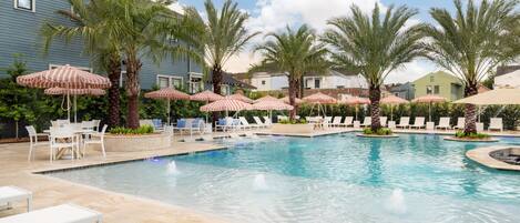 Outdoor pool, open 11:00 AM to 9:00 PM, pool umbrellas, pool loungers