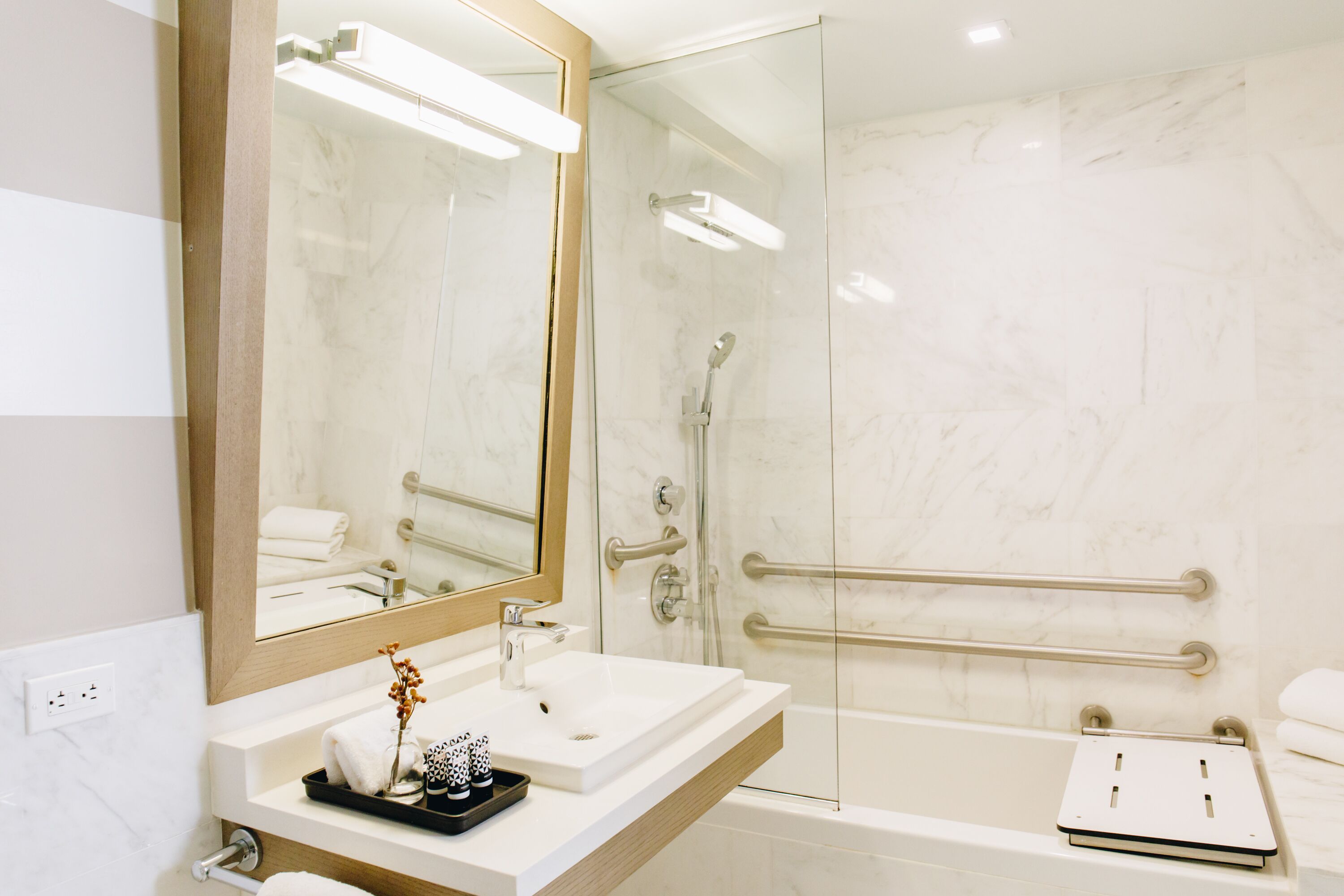 ada room | bathroom | shower, designer toiletries, hair dryer, bathrobes