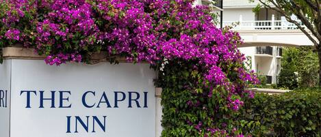A sign for The Capri Inn with a floral display.