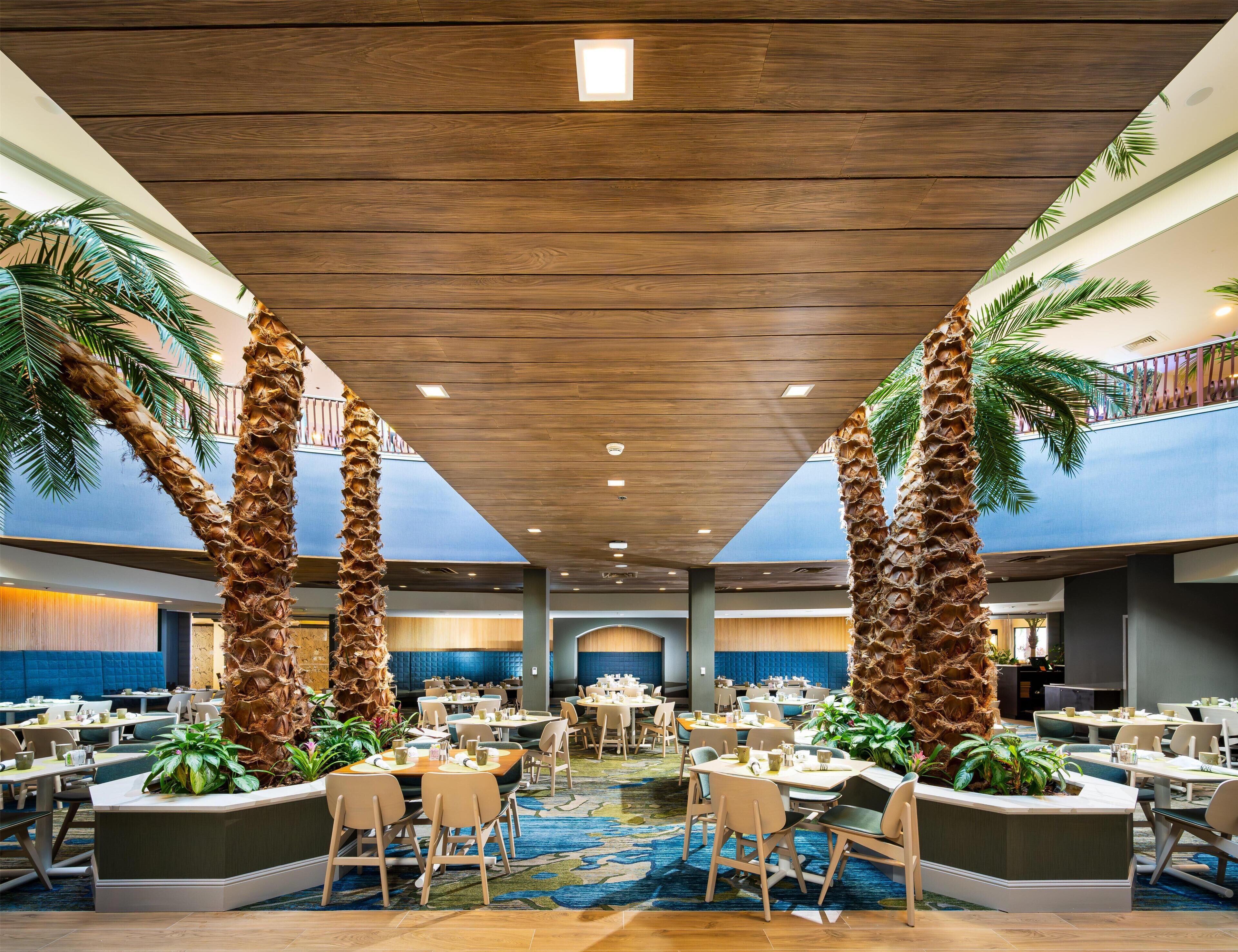 Un vaste espace dédié à la salle à manger, doté de hauts plafonds et baigné de lumière naturelle, agrémenté de palmiers et de mobilier moderne.