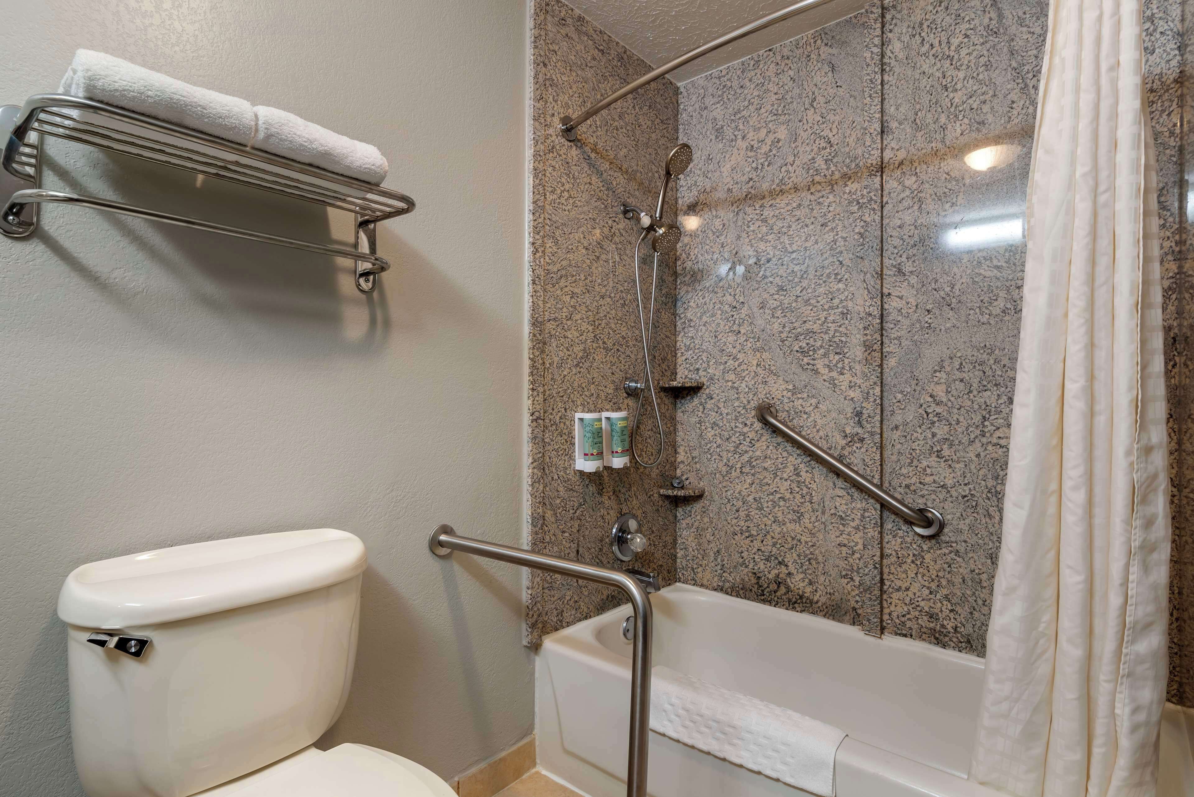 A bathroom with a toilet, a shower with grab bars, and a towel rack.