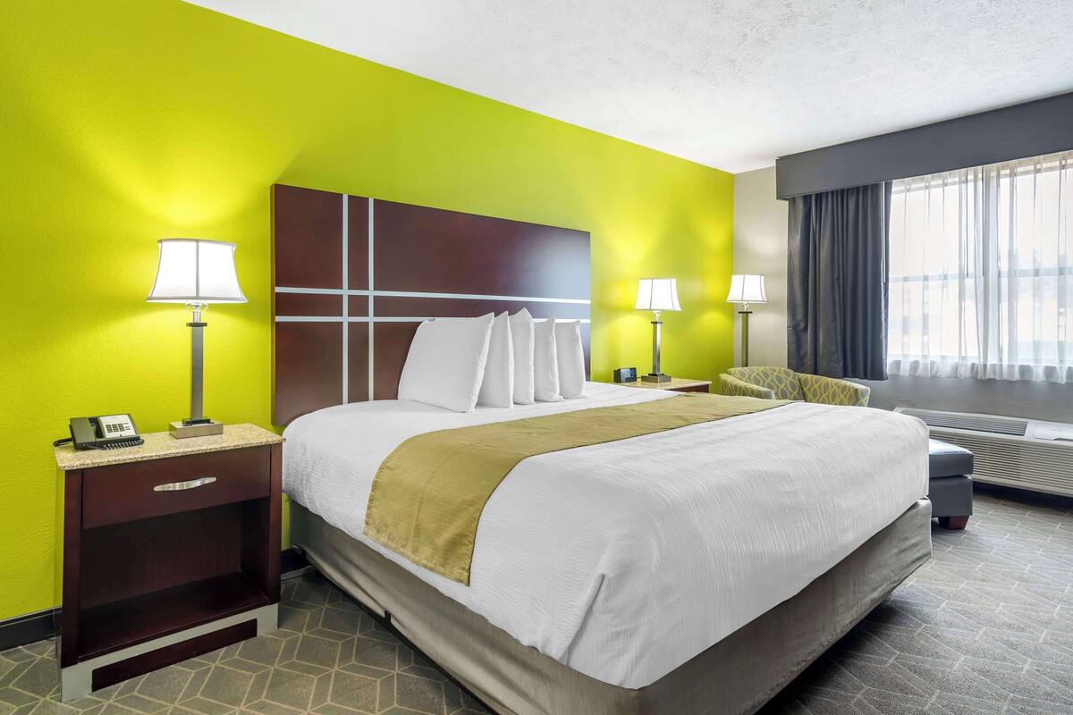 A hotel room with a large bed, two bedside tables with lamps, a nightstand, a window with curtains, and a wall with a green accent.