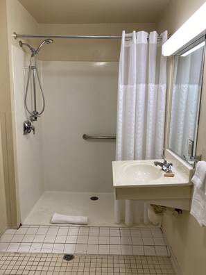 Combined shower/bathtub, free toiletries, hair dryer, towels