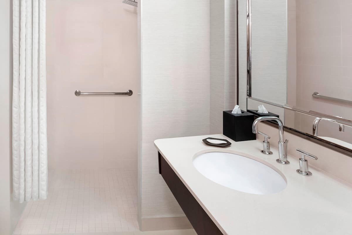 Designer toiletries, hair dryer, towels