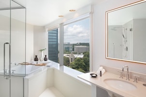 Designer toiletries, hair dryer, towels
