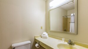 A bathroom with a toilet, sink, and mirror. - HomeTowne Studios by Red Roof Atlanta - Norcross Downtown (Norcross)