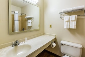 Un baño con lavamanos, espejo, inodoro y toallero.