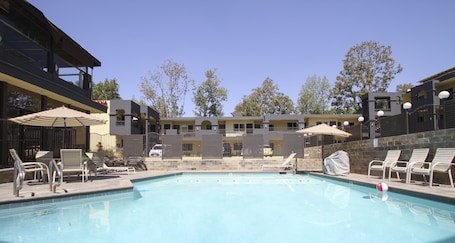 Outdoor pool, pool umbrellas, sun loungers
