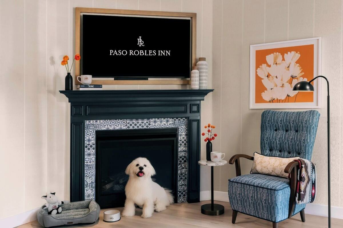 A cozy living room with a fireplace, a framed sign above it, a blue armchair, a small round table with a lamp, and a dog bed.