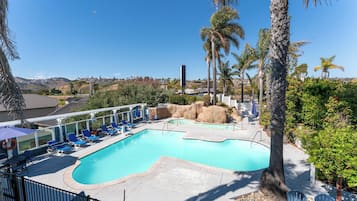 Outdoor pool, a heated pool, open 10:00 AM to 10:00 PM, pool umbrellas