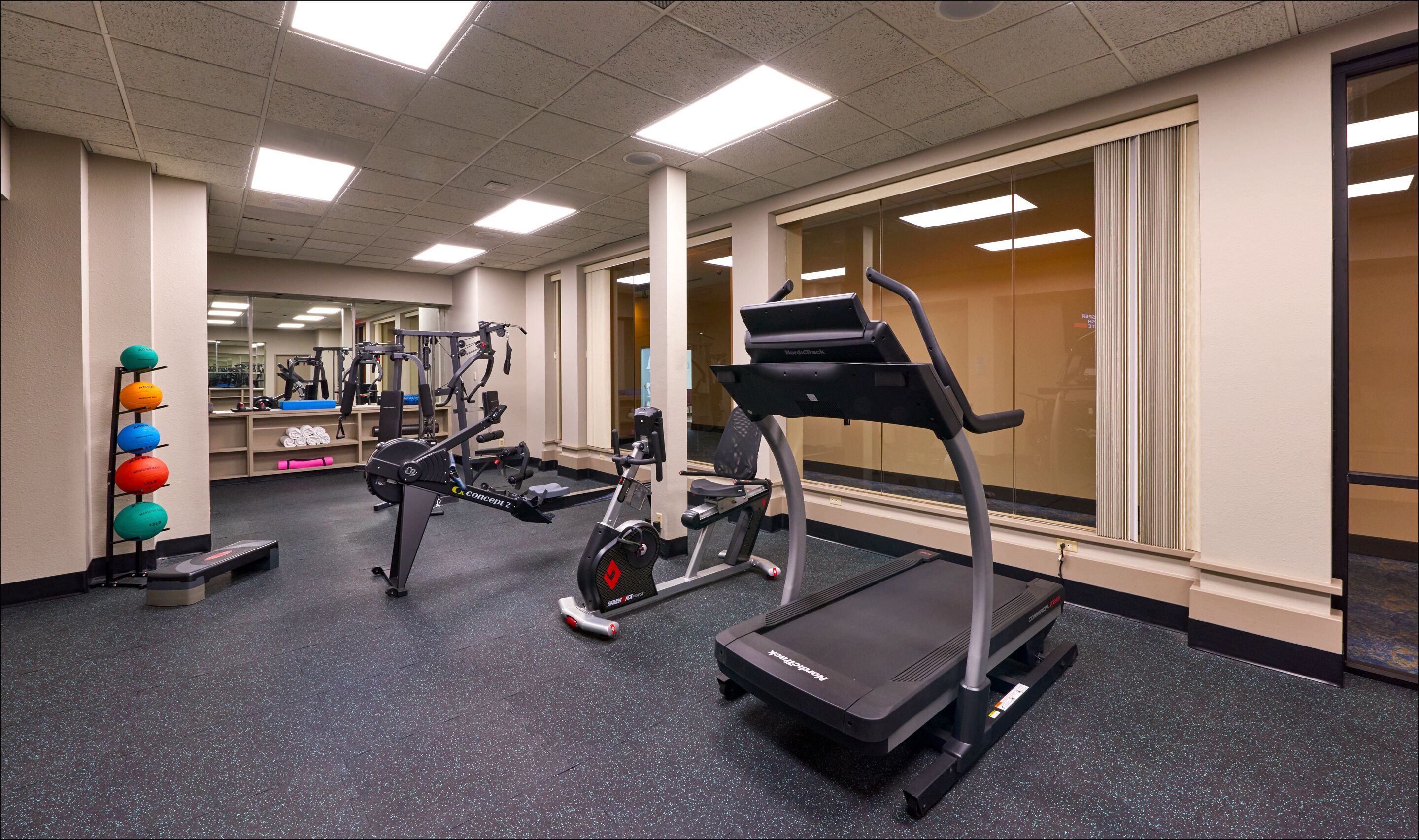Une salle de sport équipée de machines de cardio, de poids et d’un miroir.