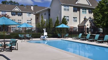 Seasonal outdoor pool, pool loungers