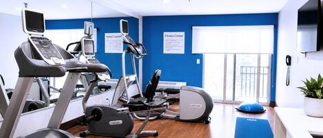 A fitness center with treadmills, ellipticals, and a stationary bike, a reception desk, and a potted plant.