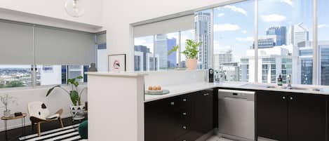 Fridge, microwave, stovetop, espresso maker