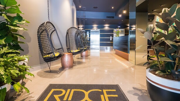 A hotel reception area with a modern design, including a reception desk, hanging chairs, and potted plants. - The Ridge Apartment Hotel (Spring Hill)