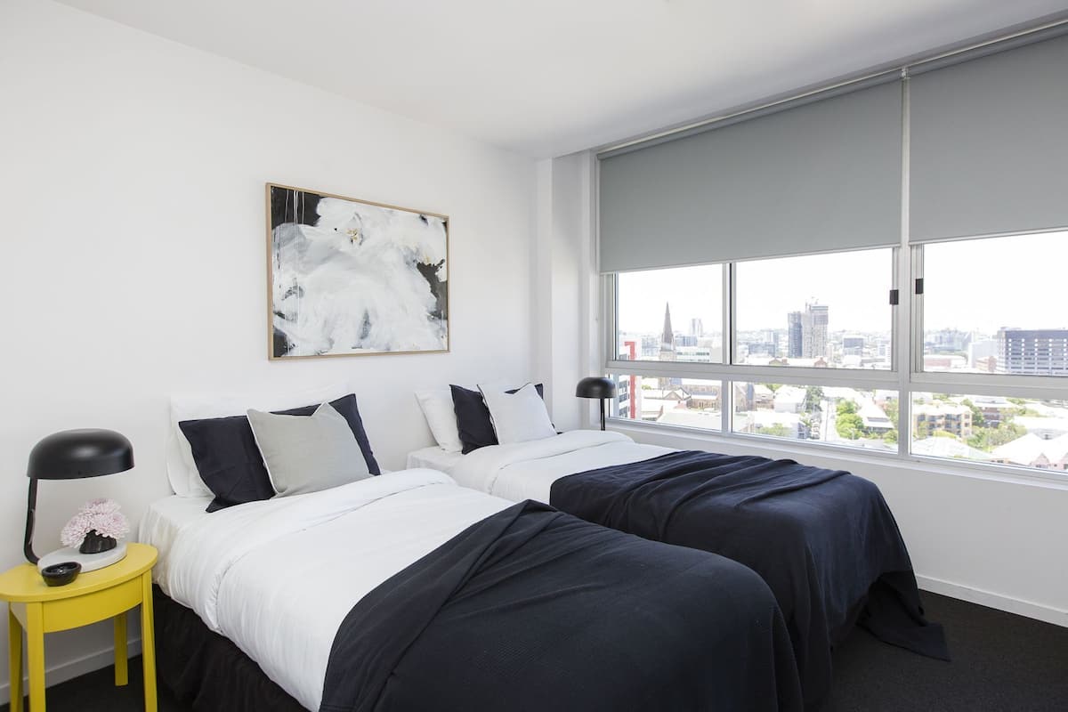 Desk, blackout drapes, soundproofing, iron/ironing board