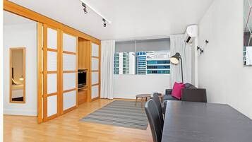 Desk, blackout curtains, soundproofing, iron/ironing board
