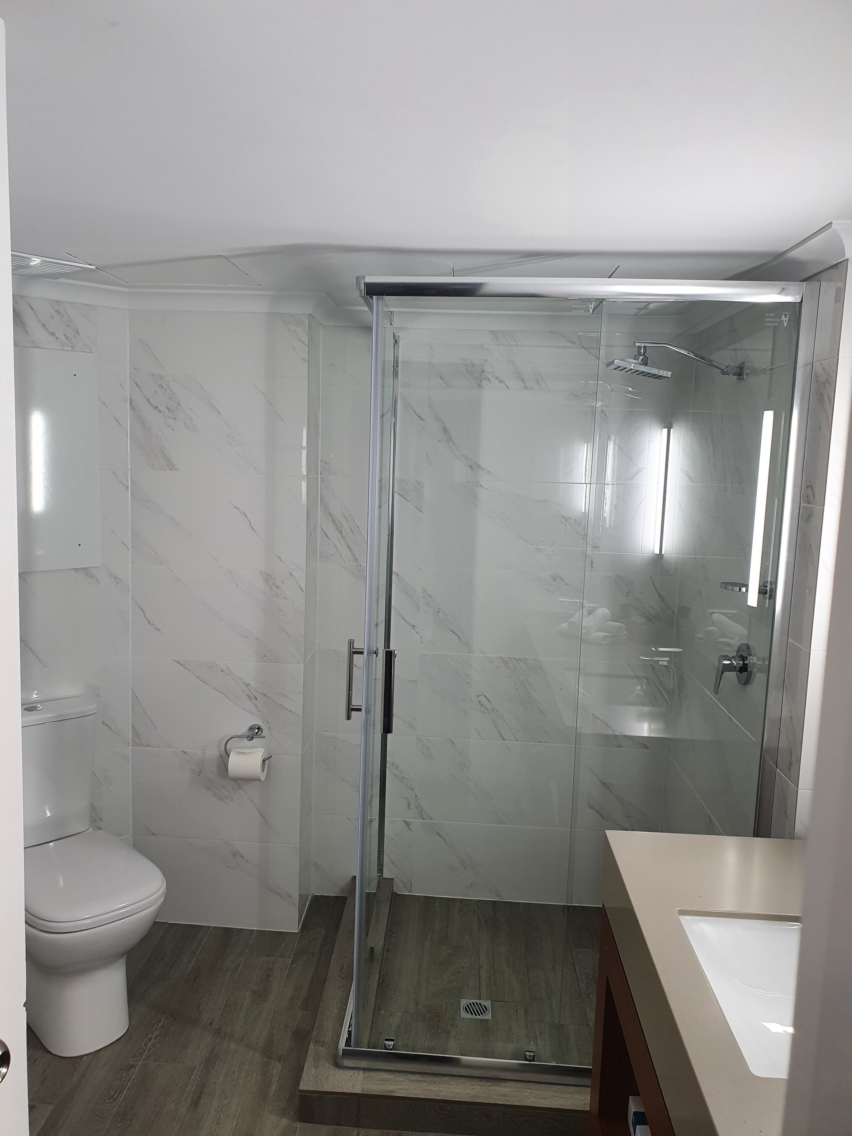A modern bathroom with a glass-enclosed shower, a toilet, and a sink.