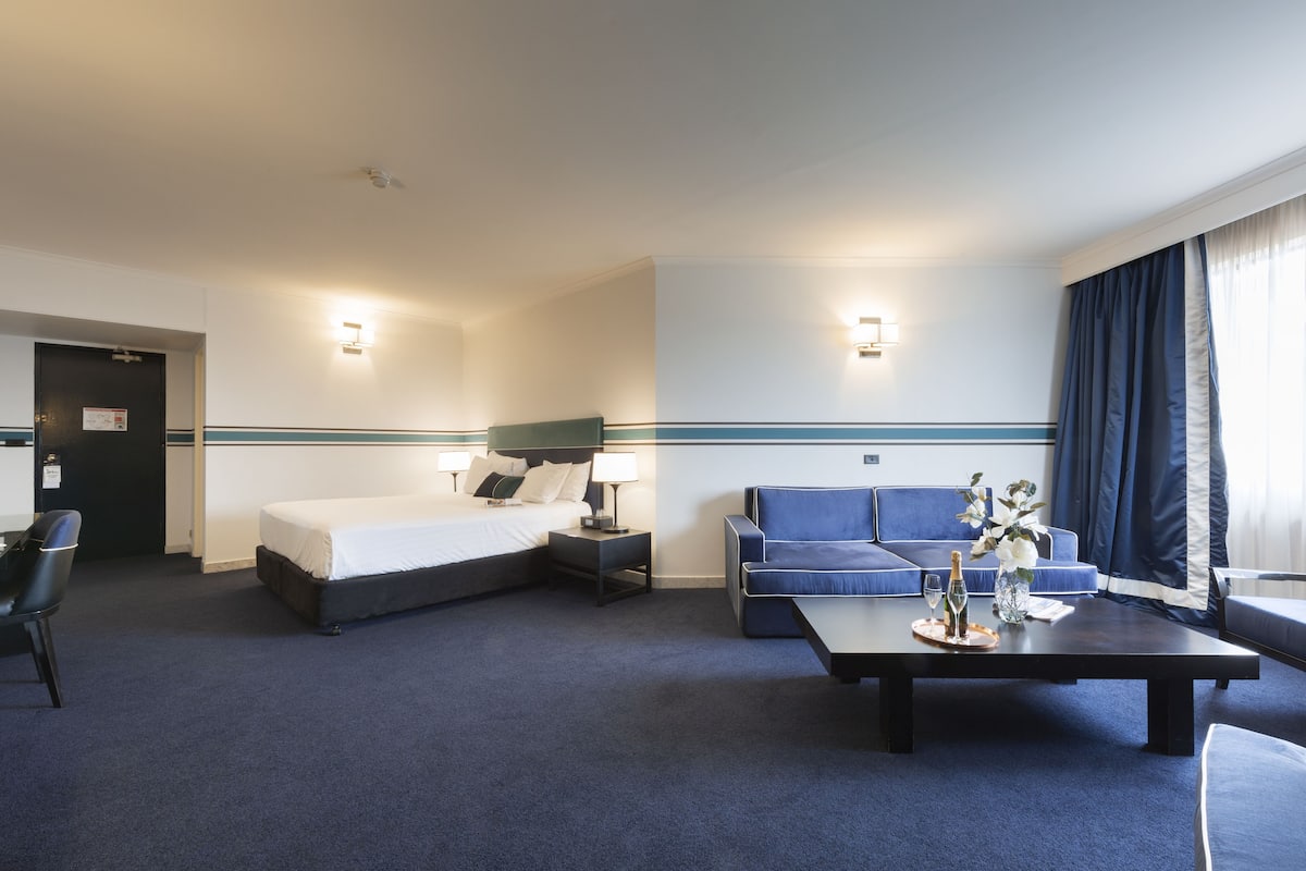 deluxe king room | living area | 40-cm flat-screen tv with satellite channels, tv, books