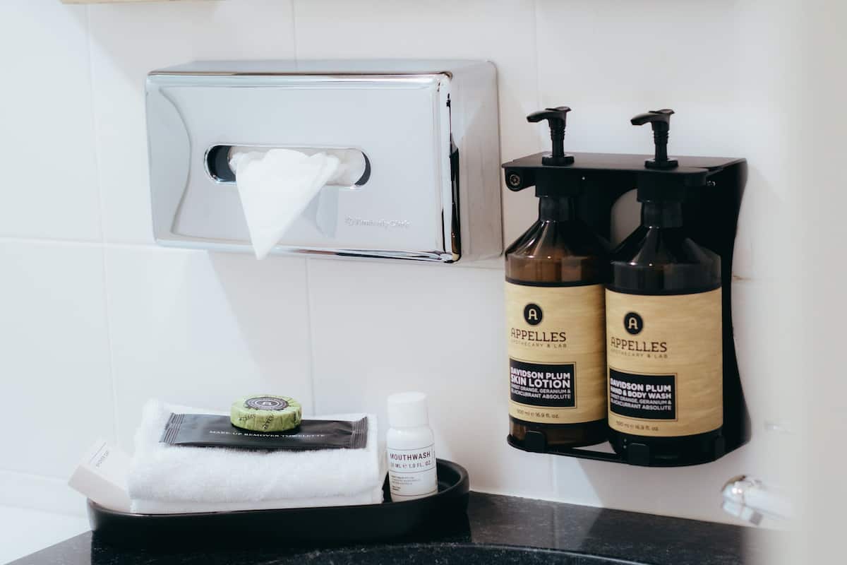 rainfall showerhead, designer toiletries, hair dryer, bathrobes