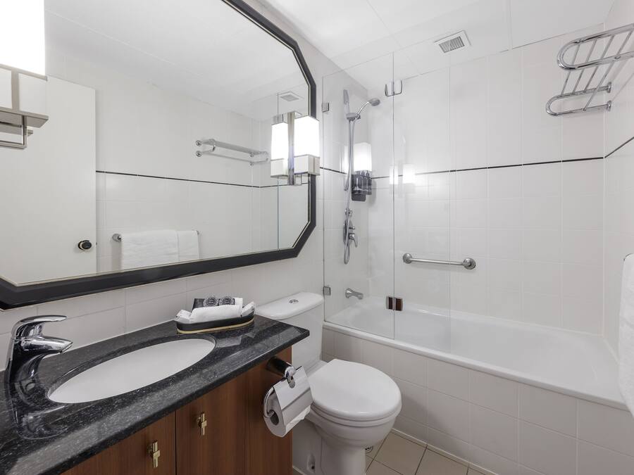Un baño moderno con un lavabo de mármol negro, un inodoro blanco, ducha con mampara de vidrio y un espejo grande.