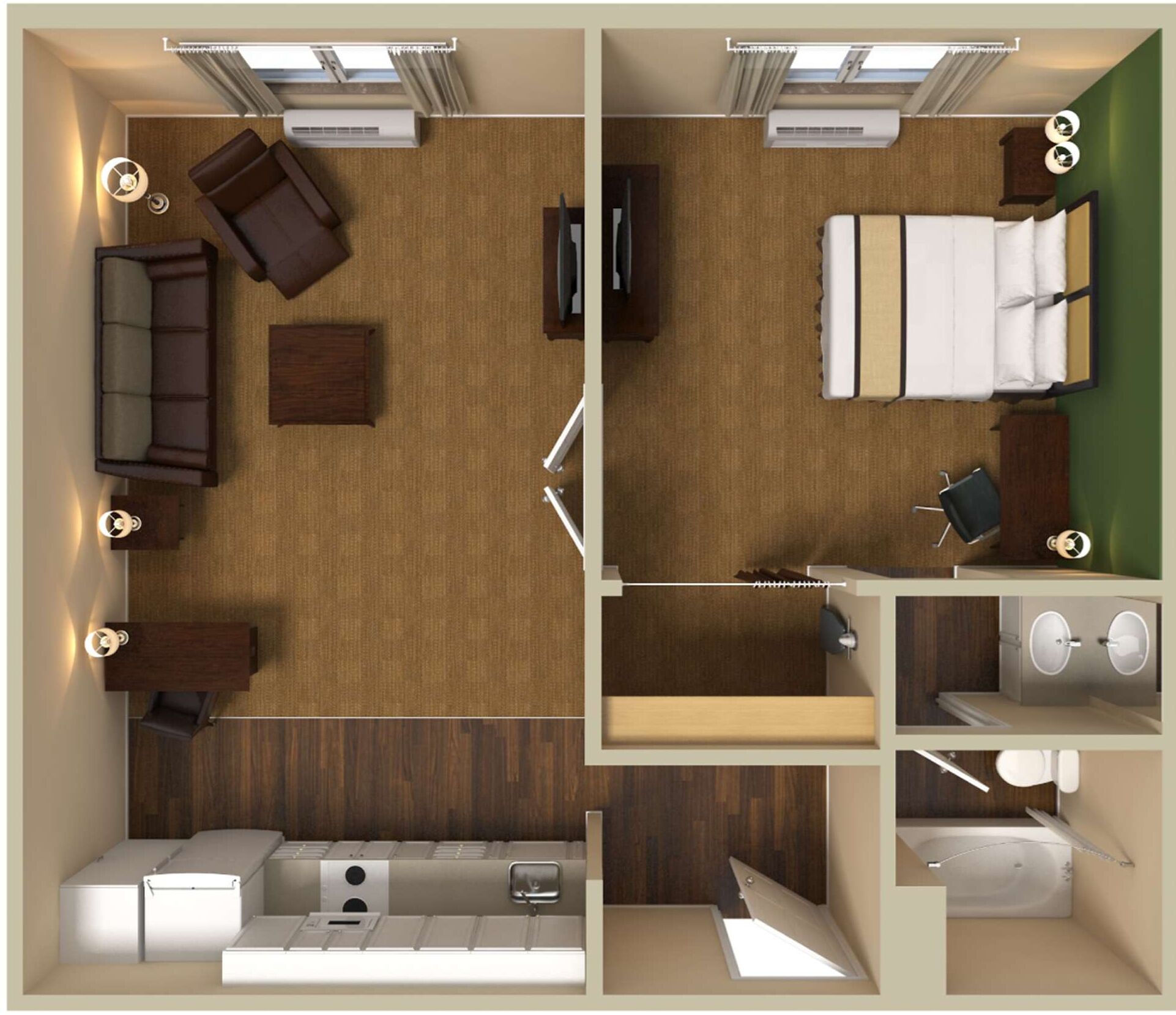 A hotel room layout with a sofa, a bed, a desk, and a bathroom.