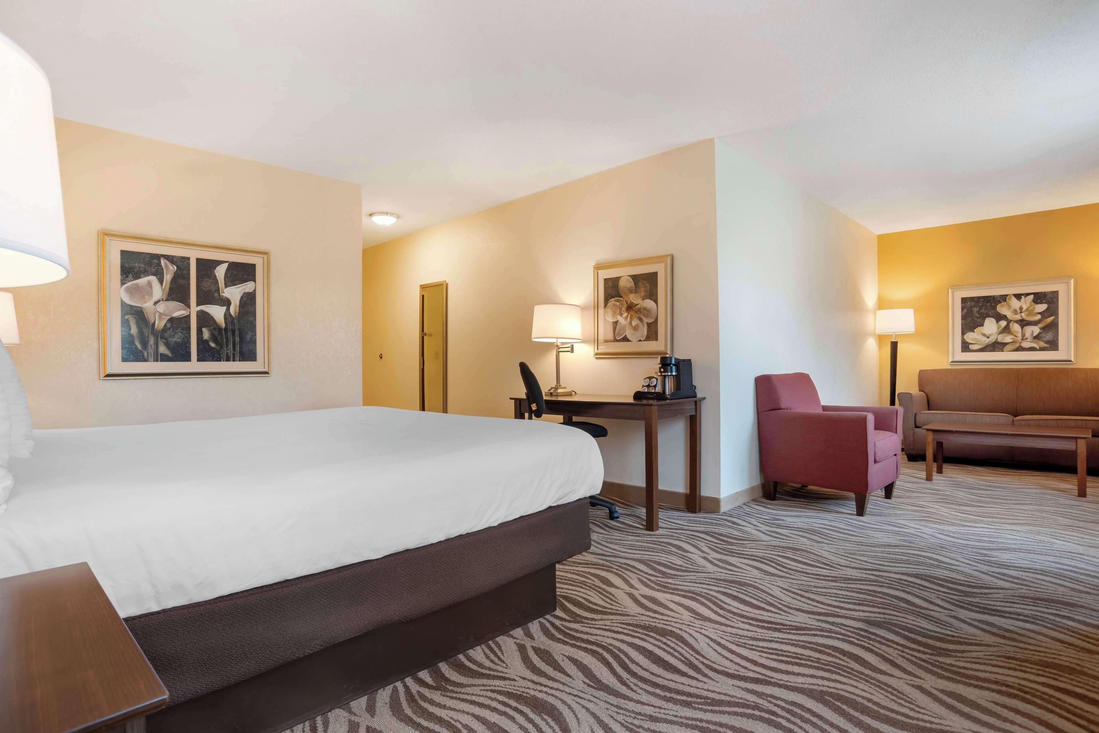 Une chambre d’hôtel avec un grand lit, un bureau avec une chaise, un petit canapé et deux lampes fixées au mur.