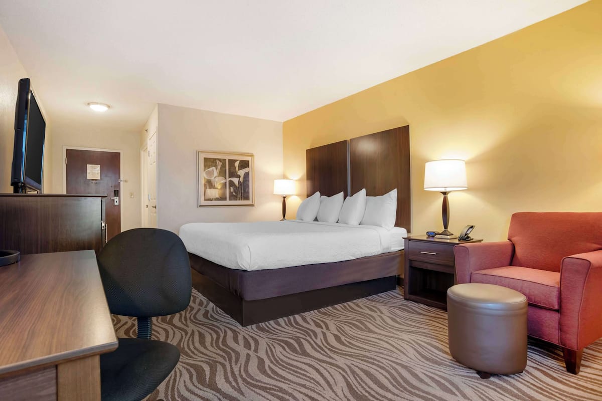 A hotel room with a bed, a desk, a chair, a sofa, and a small ottoman.