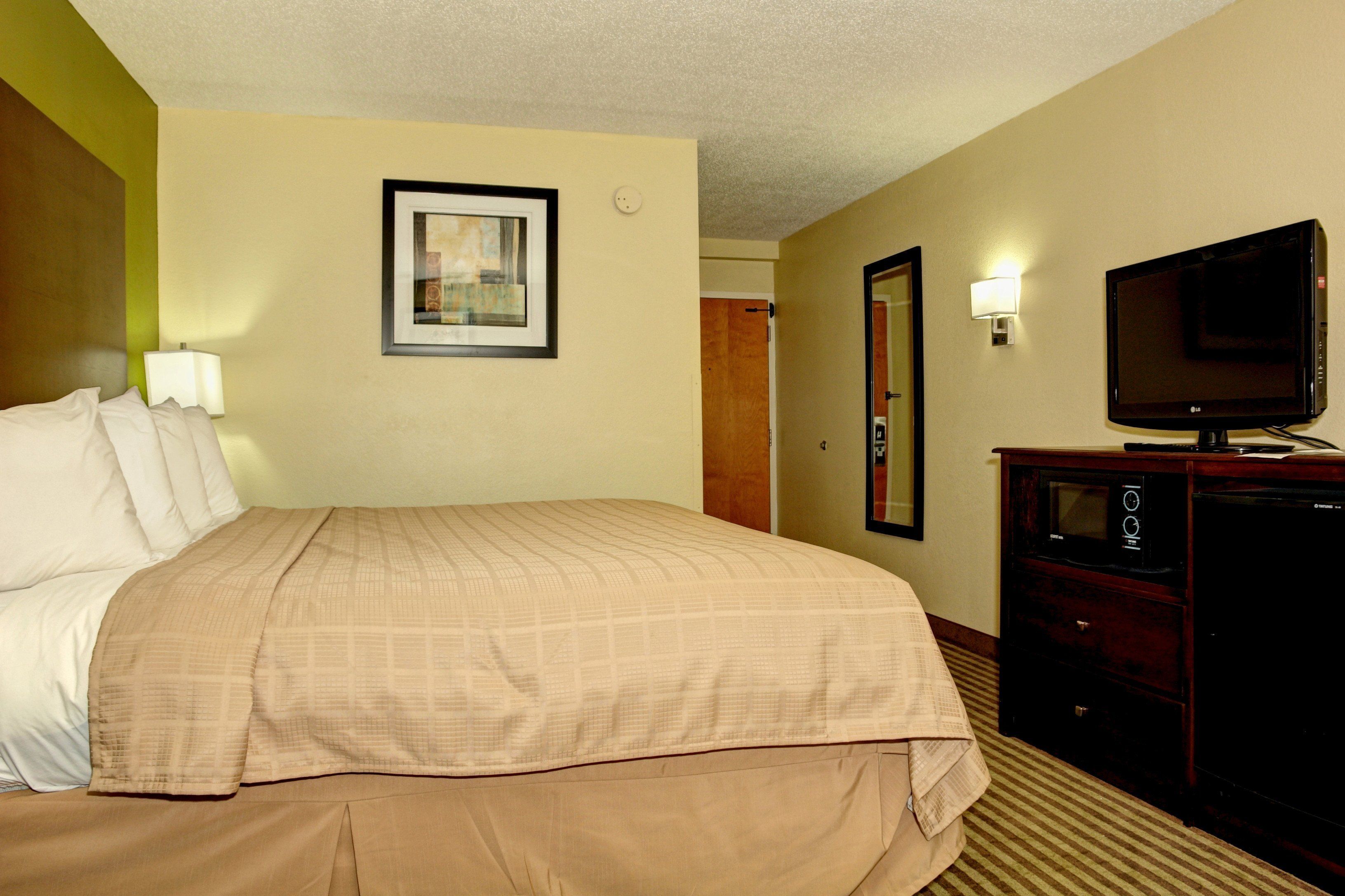 Una habitación de hotel con una cama, televisor, cómoda y un cuadro en la pared.
