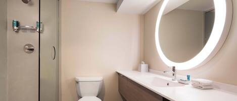 A modern bathroom with a glass-enclosed shower, a toilet, a vanity with a sink, and a large mirror.