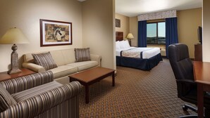 Una habitación de hotel con sofá, cama, escritorio y televisión.