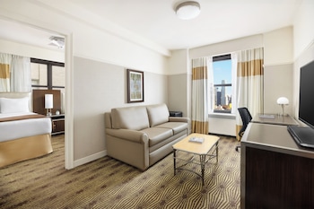 Hotel room view looking out at NEW YORKER BY LOTTE HOTELS