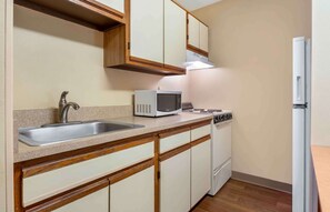 Mini-fridge, microwave, stovetop