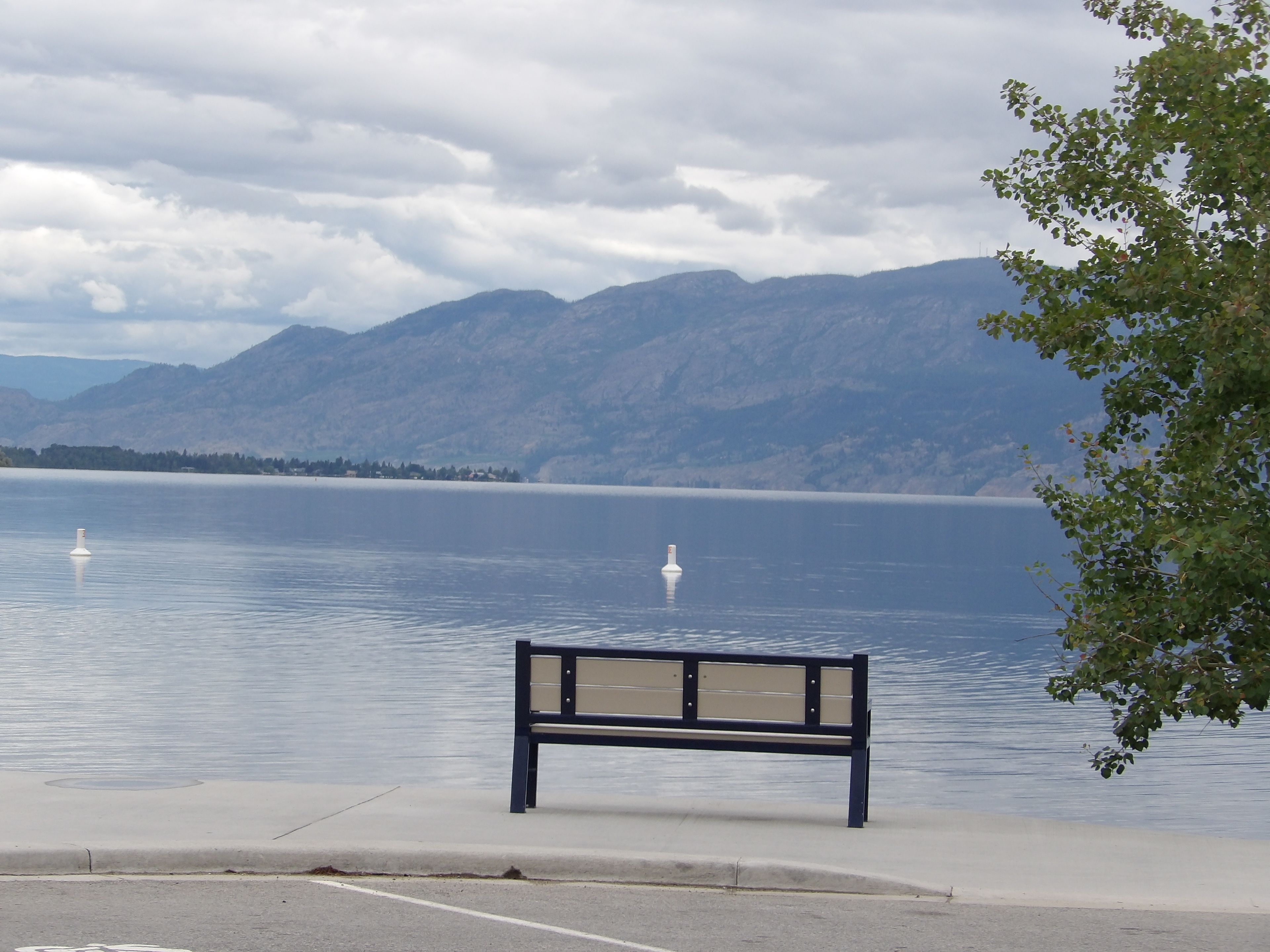 A bench by a calm lake with mountains in the background.